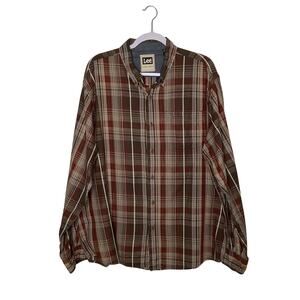 Lee Brown Tan Red Plaid Casual Long Sleeve Button Down Shirt XL